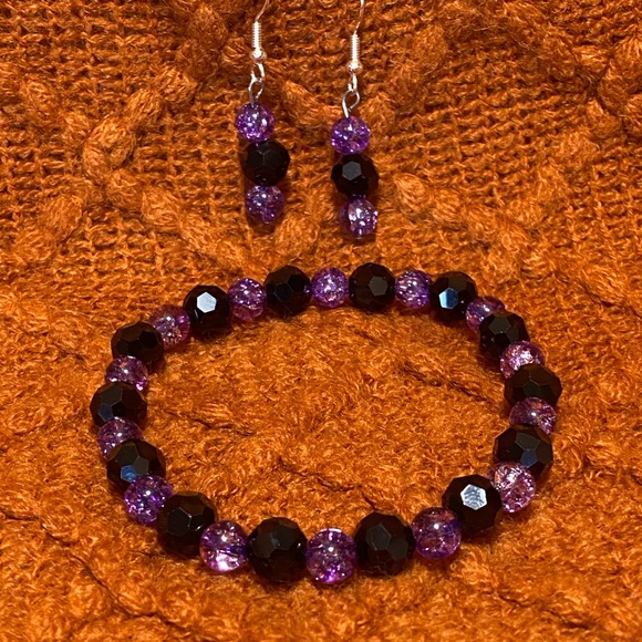 Hand Crafted Jewelry - Elegant Purple Crackle and Black Faceted Beaded Jewelry Set